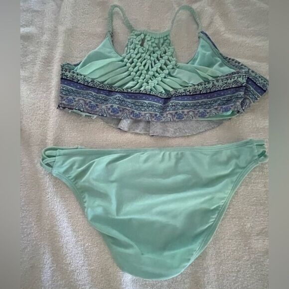 Girls medium turquoise southwest design ruffle flounce macrame Boho bikini - Picture 8 of 14